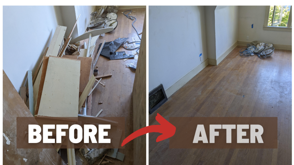 Basement cleared out in Seattle, before and after