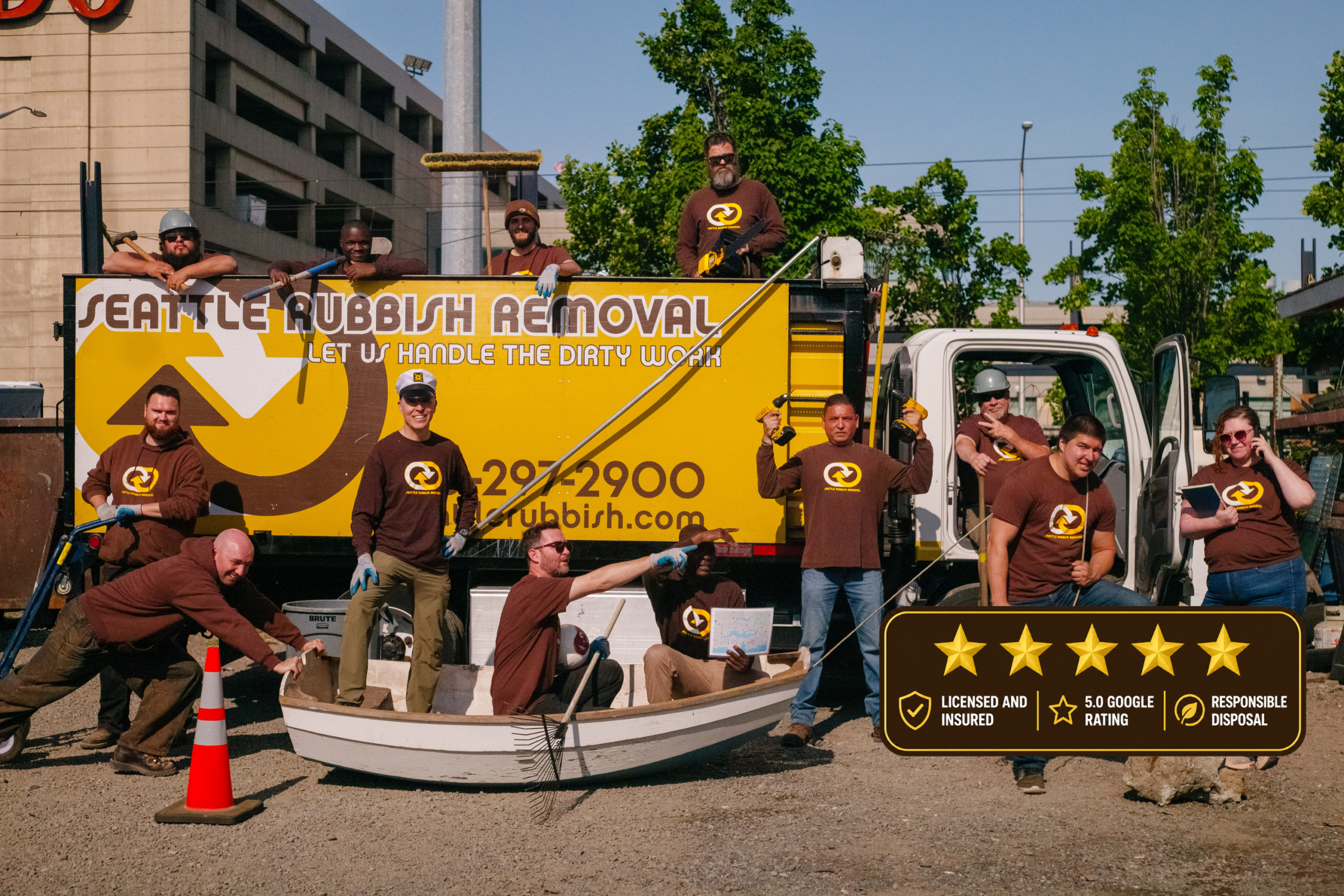Same day junk removal crew loading a truck in Seattle